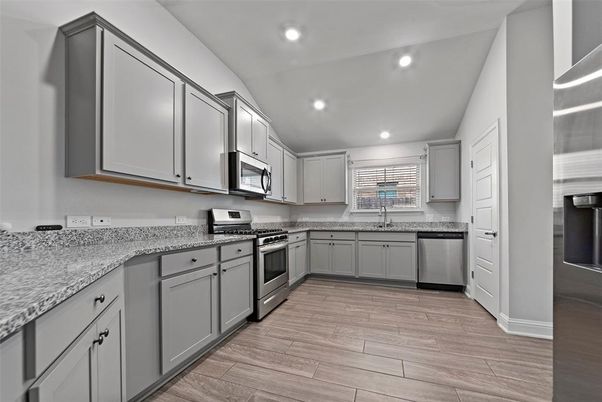 Interior, Kitchen, Recessed Lighting, Stainless Steel Appliances, Wood Texture Flooring