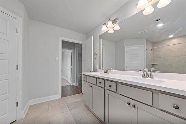 Bathroom, Dual Sink Vanities, Interior, Recessed Lighting, Wood Texture Flooring