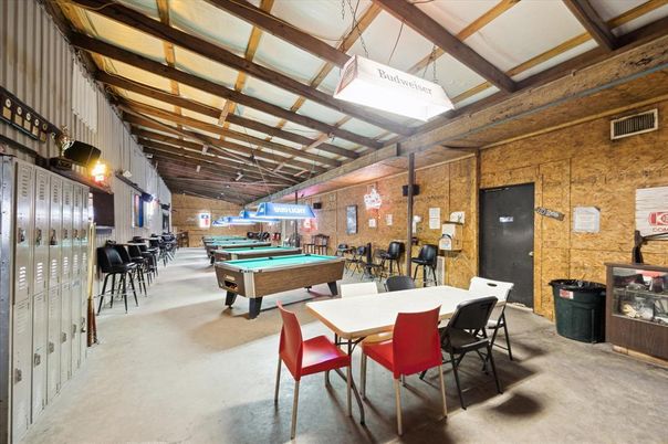 Billiard Table, Game Room, Interior, Pendant Lights, Stone Walls, Wooden Beams