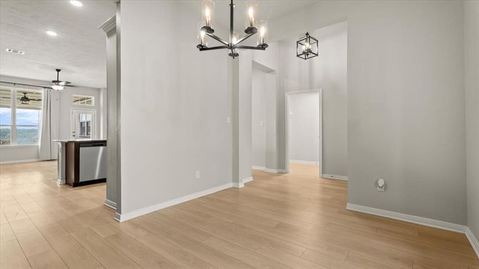 Chandelier, Empty room, Interior, Kitchen, Pendant Lights, Recessed Lighting, Wood Texture Flooring