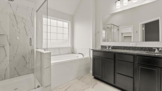Bathroom, Dual Sink Vanities, Glass Shower, Interior, Marble, Marble Walls