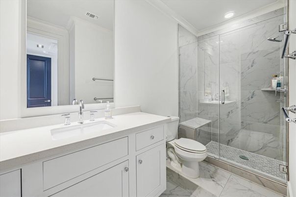 Bathroom, Glass Shower, Interior, Marble, Marble Walls, Recessed Lighting