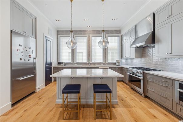 Interior, Kitchen, Pendant Lights, Recessed Lighting, Stainless Steel Appliances, Wood Texture Flooring