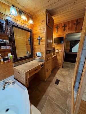 Bathroom, Dual Sink Vanities, Interior, Wooden Ceilings, Wooden Walls