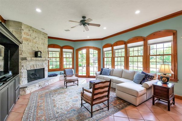 Fireplace, Interior, Living room, Recessed Lighting, Stone Walls