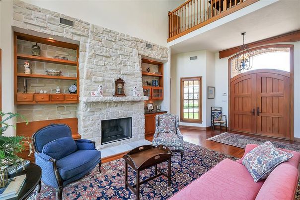 Chandelier, Fireplace, Interior, Pendant Lights, Stone Walls, Wood Texture Flooring