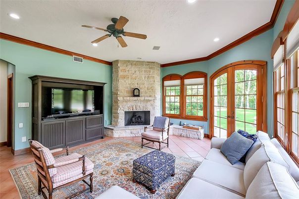 Fireplace, Interior, Living room, Recessed Lighting, Stone Walls