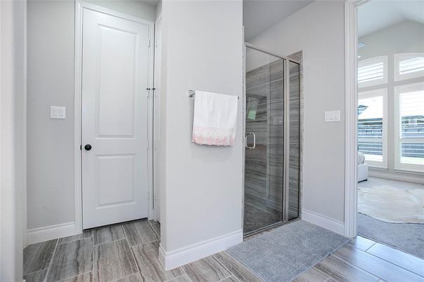 Bathroom, Glass Shower, Interior, Wood Texture Flooring