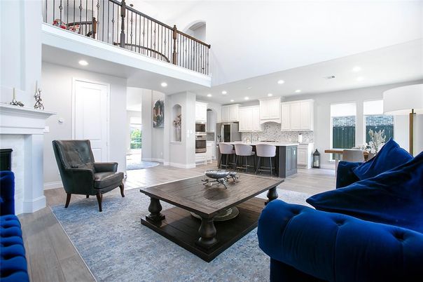 Fireplace, Interior, Kitchen, Living room, Recessed Lighting, Stainless Steel Appliances, Wood Texture Flooring