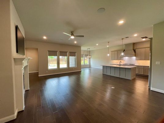 Fireplace, Interior, Kitchen, Pendant Lights, Recessed Lighting, Wood Texture Flooring