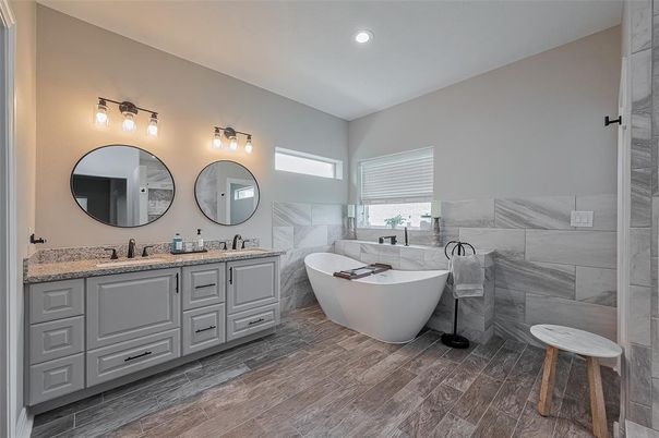 Bathroom, Dual Sink Vanities, Free Standing Baths, Interior, Recessed Lighting, Wood Texture Flooring