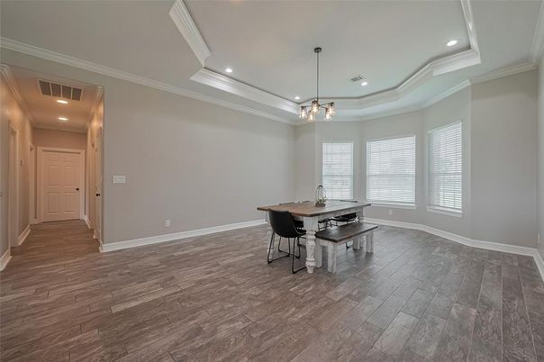 Dining room, Interior, Pendant Lights, Recessed Lighting, Wood Texture Flooring