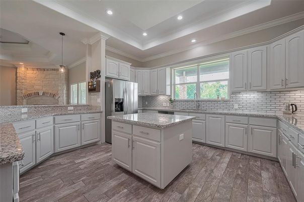 Interior, Kitchen, Pendant Lights, Recessed Lighting, Stainless Steel Appliances, Stone Walls, Wood Texture Flooring