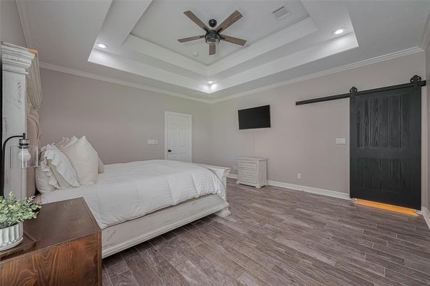 Bedroom, Interior, Recessed Lighting, Wood Texture Flooring