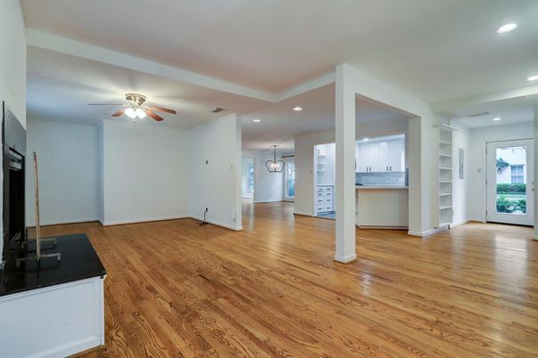 Empty room, Interior, Pendant Lights, Recessed Lighting, Wood Texture Flooring