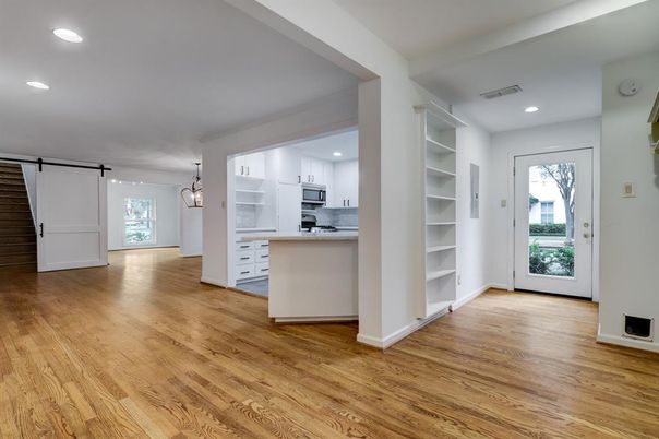 Empty room, Interior, Kitchen, Pendant Lights, Recessed Lighting, Wood Texture Flooring