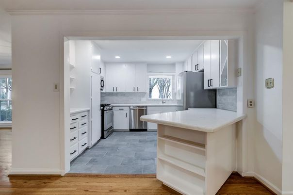 Interior, Kitchen, Recessed Lighting, Stainless Steel Appliances, Wood Texture Flooring