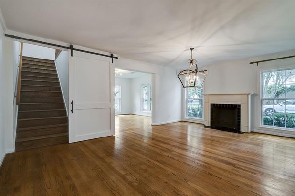 Empty room, Fireplace, Interior, Pendant Lights, Wood Texture Flooring