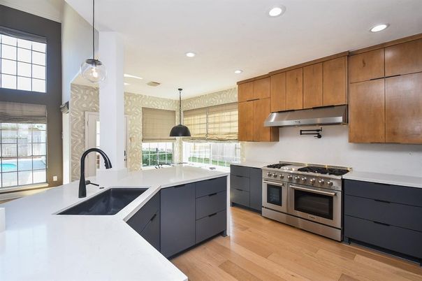 Interior, Kitchen, Pendant Lights, Recessed Lighting, Stainless Steel Appliances, Wood Texture Flooring
