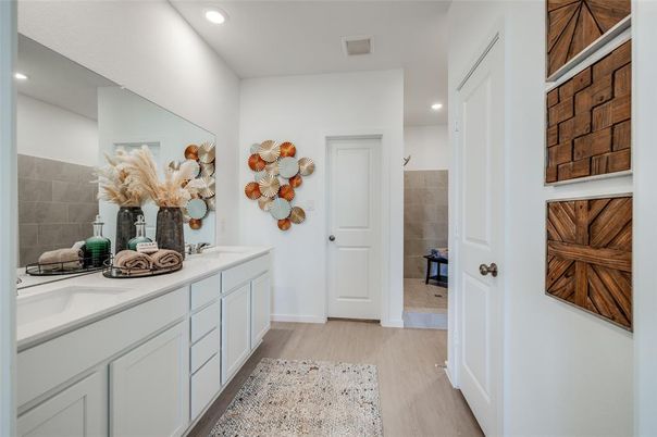 Bathroom, Dual Sink Vanities, Interior, Recessed Lighting, Wood Texture Flooring
