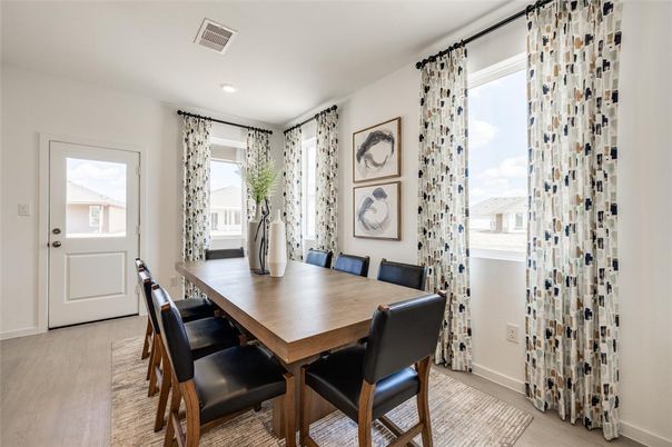 Dining room, Interior, Recessed Lighting, Wood Texture Flooring