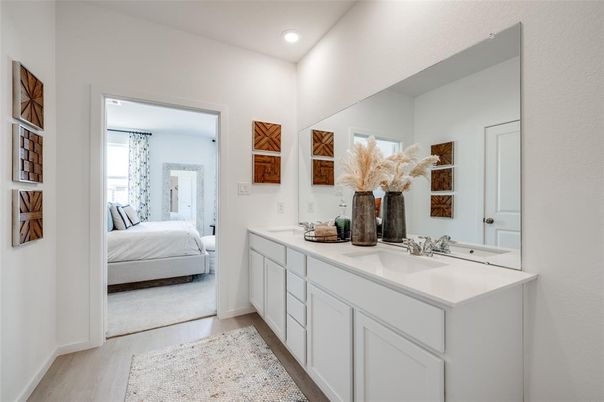 Bathroom, Bedroom, Dual Sink Vanities, Interior, Recessed Lighting, Wood Texture Flooring