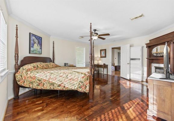 Bedroom, Fireplace, Interior, Wood Texture Flooring