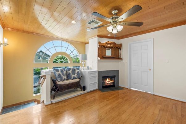 Fireplace, Interior, Recessed Lighting, Wooden Ceilings, Wood Texture Flooring