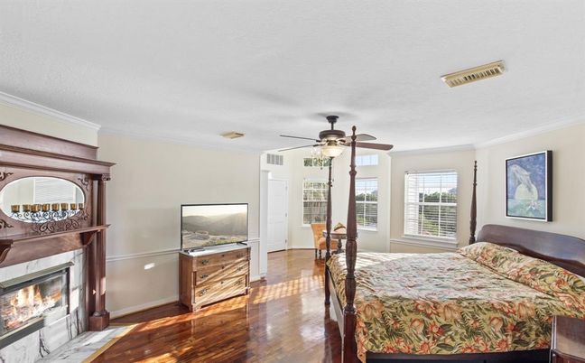 Bedroom, Fireplace, Interior, Wood Texture Flooring