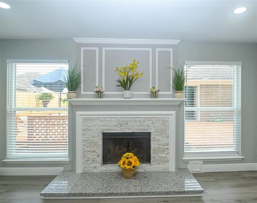 Fireplace, Interior, Recessed Lighting, Wood Texture Flooring