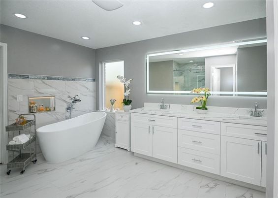 Bathroom, Dual Sink Vanities, Free Standing Baths, Interior, Marble, Marble Walls, Recessed Lighting