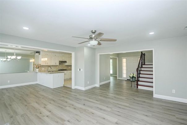 Empty room, Interior, Kitchen, Pendant Lights, Recessed Lighting, Wood Texture Flooring