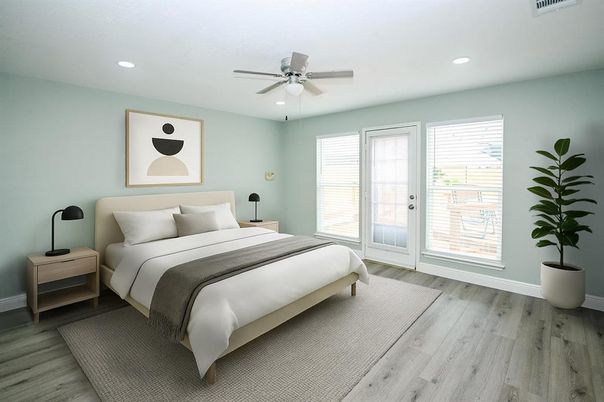 Bedroom, Interior, Recessed Lighting, Wood Texture Flooring