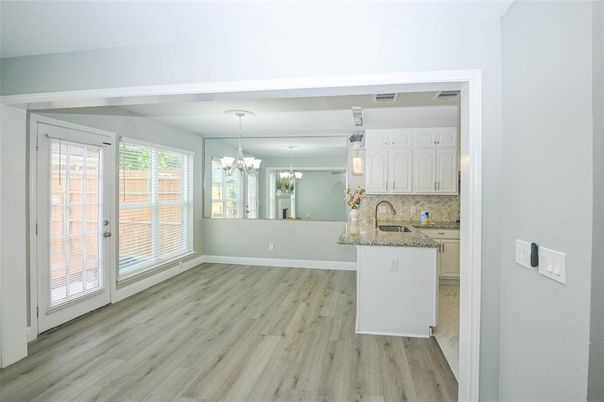 Chandelier, Empty room, Interior, Kitchen, Pendant Lights, Wood Texture Flooring