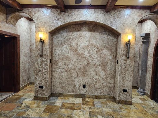 Interior, Recessed Lighting, Stone Walls, Wooden Beams