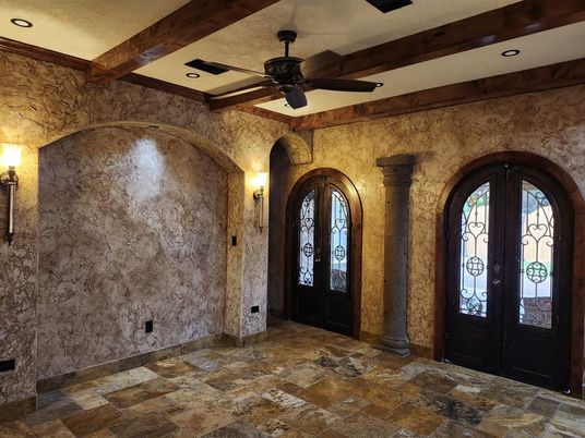 Interior, Recessed Lighting, Stone Walls, Wooden Beams