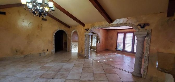 Chandelier, Empty room, Interior, Stone Walls, Wooden Beams