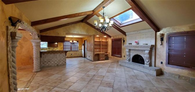 Chandelier, Fireplace, Interior, Kitchen, Pendant Lights, Wooden Beams