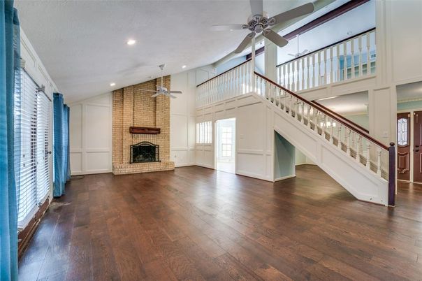 Fireplace, Interior, Recessed Lighting, Stone Walls, Wood Texture Flooring