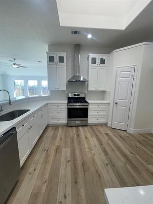 Interior, Kitchen, Recessed Lighting, Stainless Steel Appliances, Wood Texture Flooring