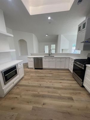 Interior, Kitchen, Recessed Lighting, Stainless Steel Appliances, Wood Texture Flooring