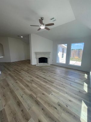 Empty room, Fireplace, Interior, Recessed Lighting, Wood Texture Flooring