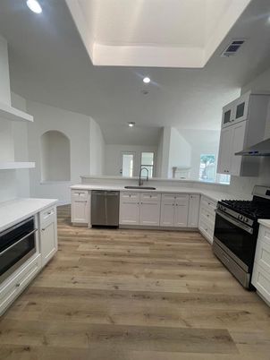 Interior, Kitchen, Recessed Lighting, Stainless Steel Appliances, Wood Texture Flooring
