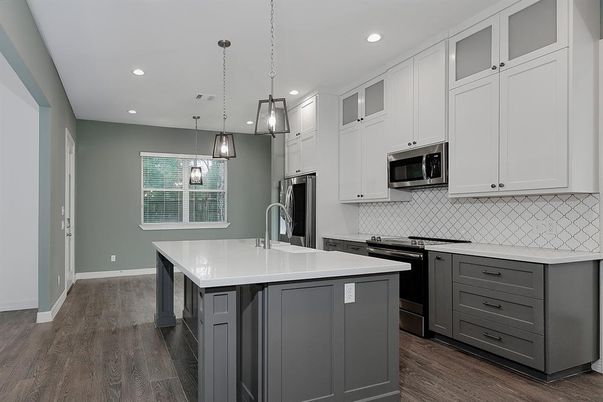 Interior, Kitchen, Pendant Lights, Recessed Lighting, Stainless Steel Appliances, Wood Texture Flooring