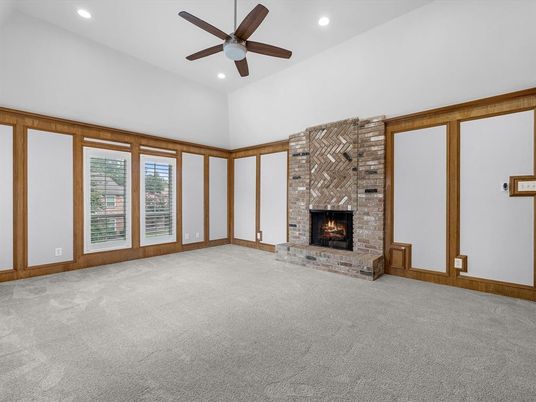 Empty room, Fireplace, Interior, Recessed Lighting, Stone Walls