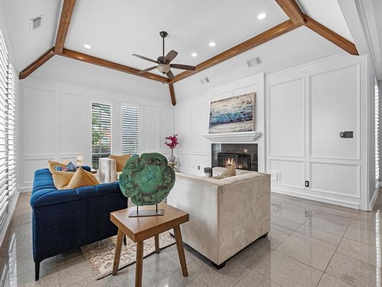 Fireplace, Interior, Living room, Recessed Lighting, Wooden Beams