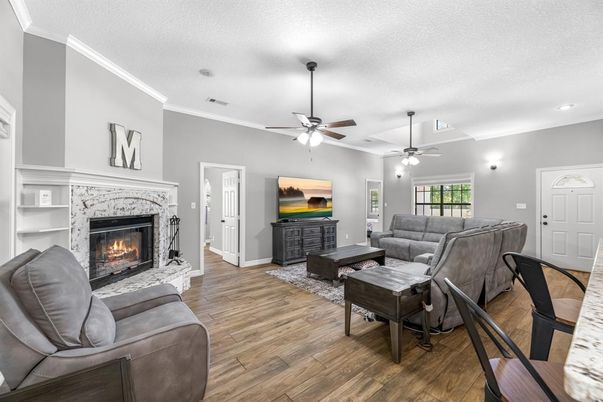 Fireplace, Interior, Living room, Recessed Lighting, Wood Texture Flooring