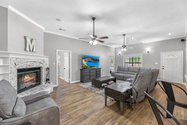 Fireplace, Interior, Living room, Recessed Lighting, Wood Texture Flooring
