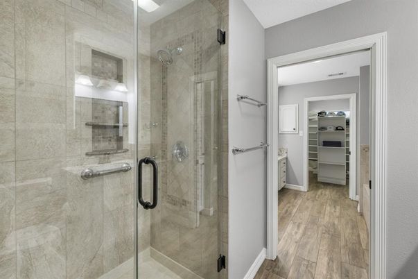 Bathroom, Glass Shower, Interior, Wood Texture Flooring