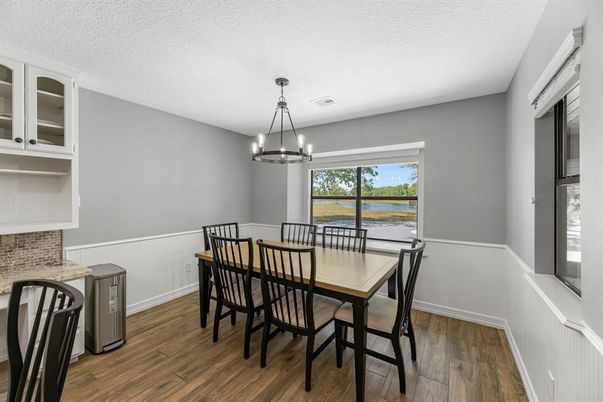 Dining room, Interior, Pendant Lights, Wood Texture Flooring